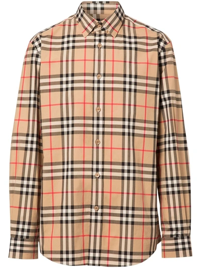 Shop Burberry Checked Cotton Shirt In Beige