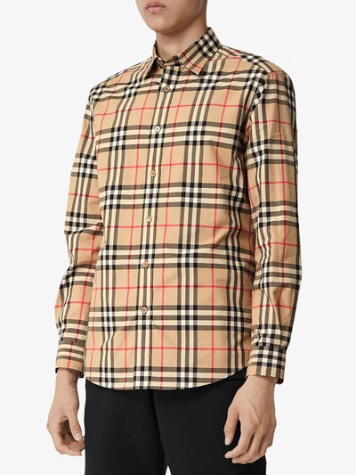 Shop Burberry Checked Cotton Shirt In Beige