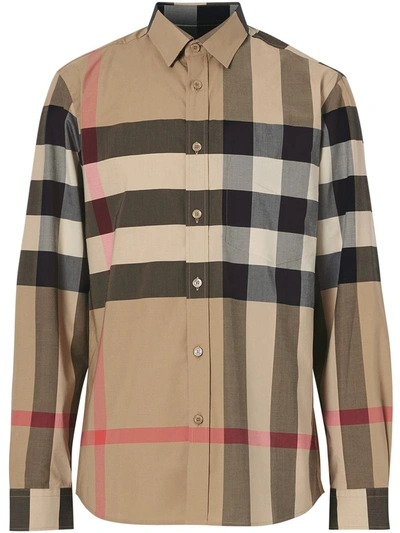 Shop Burberry Checked Cotton Shirt In Beige