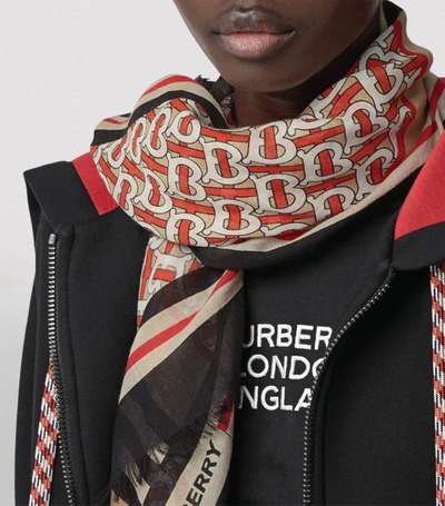 Shop Burberry Tb Mono Stripe Wool And Silk Scarf In Red
