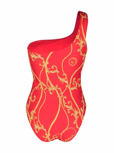 Shop Ganni Printed Swimsuit In Red