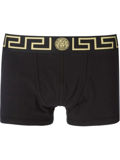 Versace 'greca' Fitted Boxer Shorts In Black/gold