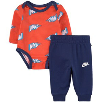 Shop Nike Orange Thunder Logo Baby Body Set In Navy