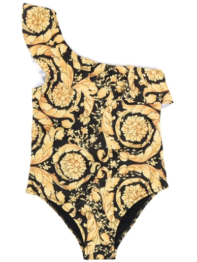 Shop Versace Barocco Kids-print Swimsuit In 黑色