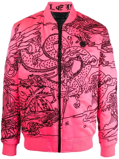 Shop Philipp Plein Tattoo-motif Embroidered Bomber Jacket In Pink