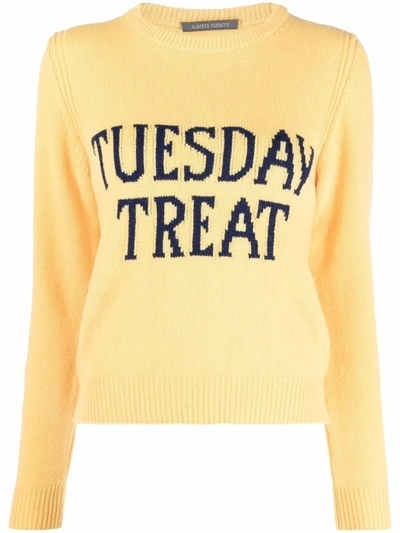 Shop Alberta Ferretti Intarsia-knit Slogan Jumper In 黄色