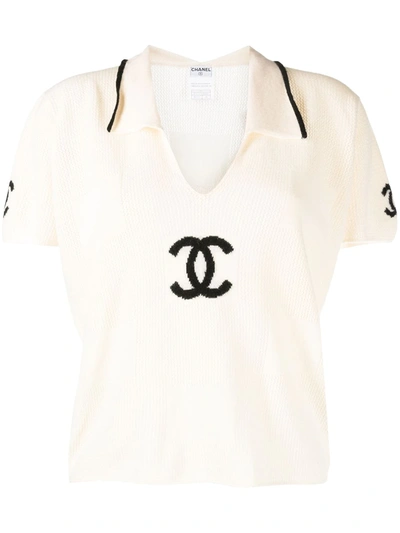Pre-owned Chanel 2001 Embroidered Logo T-shirt In White