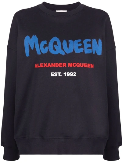 Shop Alexander Mcqueen Logo-print Crew-neck Sweatshirt In 蓝色