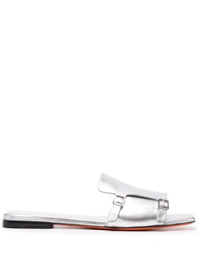 Shop Santoni Metallic Slip On Leather Sandals In Silver