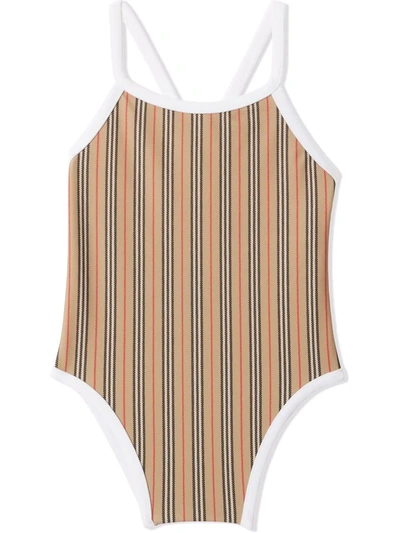 Shop Burberry Icon Stripe Recycled Nylon Swimsuit In Brown