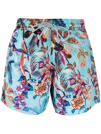 Shop Etro Tropical Print Swim Shorts In Blue