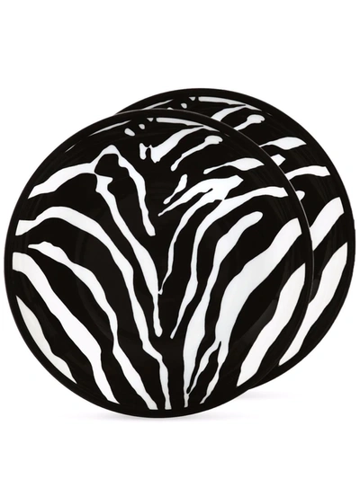 Shop Dolce & Gabbana Zebra-print Porcelain Soup Plates (set Of 2) In Black