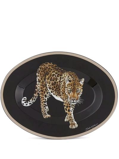 Shop Dolce & Gabbana Leopard-print Wooden Tray In Black