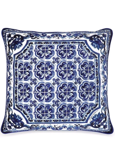 Dolce & Gabbana Blue And White Small Cushion With Blue Mediterranean Print In Duchesse Cotton In Blue
