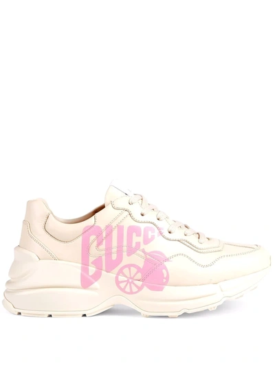 Shop Gucci Lemon -print Rhyton Leather Sneakers In White