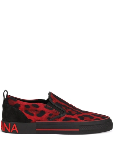Dolce & Gabbana Custom 2.zero Slip-on Sneakers In Leopard-print Cotton In Rot