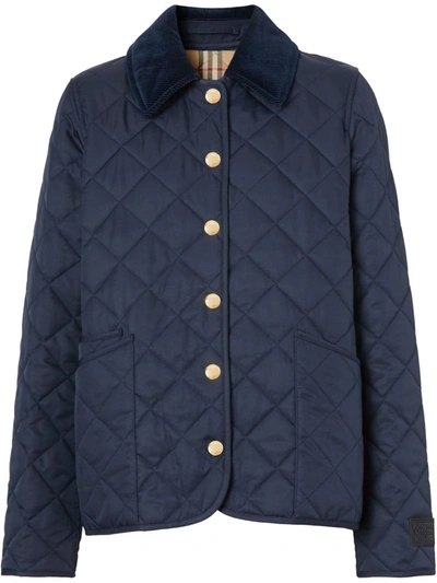 Shop Burberry Corduroy-collar Diamond-quilted Jacket In Blau