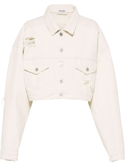 Shop Miu Miu Cropped Denim Jacket In Weiss