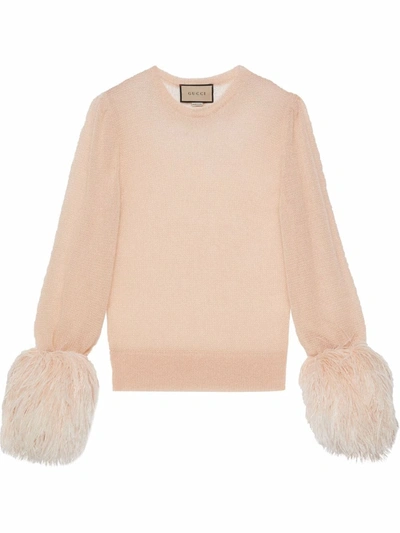 Shop Gucci Feather-trimmed Mohair Sweater In Nude