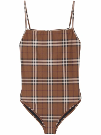 Shop Burberry Check-print One-piece In Braun