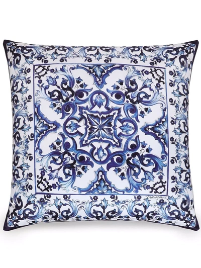Shop Dolce & Gabbana Medium Blu Mediterraneo-print Duchesse Cotton Cushion In Blue