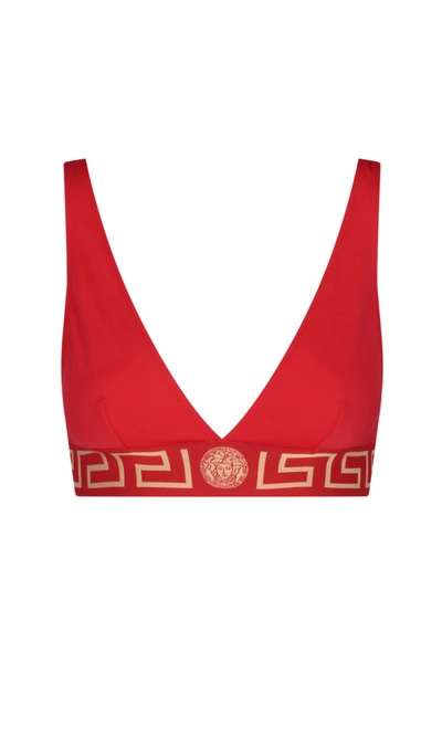 Shop Versace Greek Bordered Bikini Top In Red