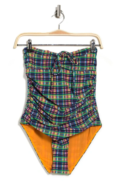 Shop Ganni Plaid Seersucker Halter One-piece Swimsuit In Multicolour