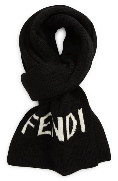 Shop Fendi Intarsia Logo Wool Scarf In Black/ White