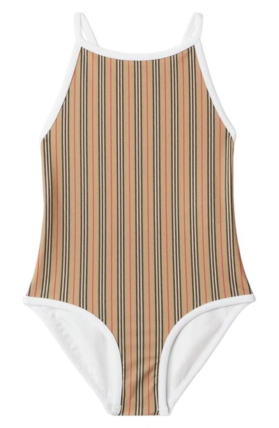 Shop Burberry Kids' Sandie Icon Stripe One-piece Swimsuit In Archive Beige Ip S