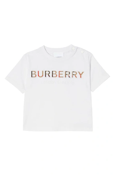Shop Burberry Kids' Eugene Embroidered Check Logo Cotton T-shirt In White