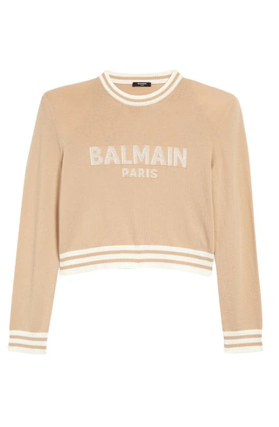Shop Balmain Mesh Logo Wool Blend Crop Sweater In Ggi Sable/ Nature