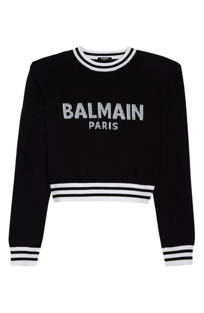Shop Balmain Mesh Logo Wool Blend Crop Sweater In Eab Noir/ Blanc