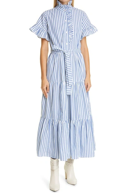 Shop Mille Victoria Ruffle Front Dress In Blue Stripe
