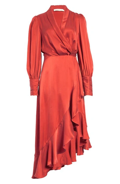 Shop Zimmermann Long Sleeve Asymmetric Silk Wrap Dress In Crimson