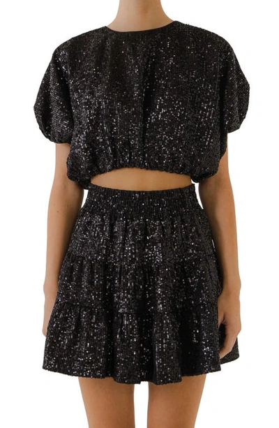 Endless Rose Sequins Cropped Puff Top In Black