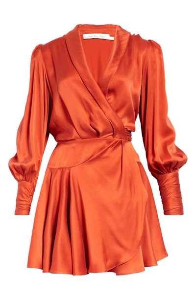 Shop Zimmermann Long Sleeve Silk Wrap Minidress In Crimson