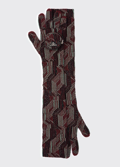 Shop Prada Long Jacquard Wool Gloves W/ Circle Zip Pouch In F02ij Vino Salvia