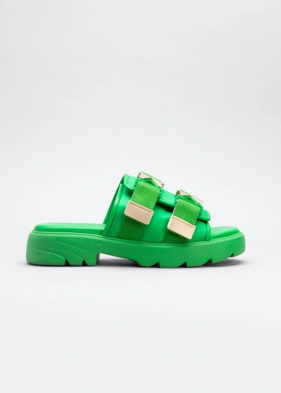 Shop Bottega Veneta Flash Leather Dual-buckle Flat Sandals In Grass