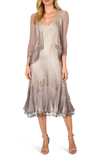Shop Komarov Beaded Charmeuse & Chiffon Tiered Dress With Jacket In Beach Cafe Ombre