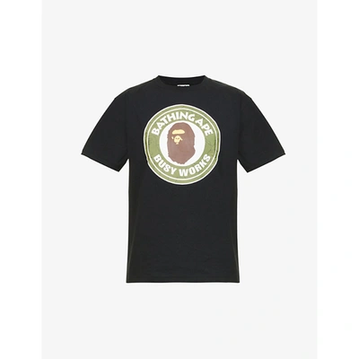 Shop A Bathing Ape Busy Works Logo-print Cotton-jersey T-shirt In Black Green