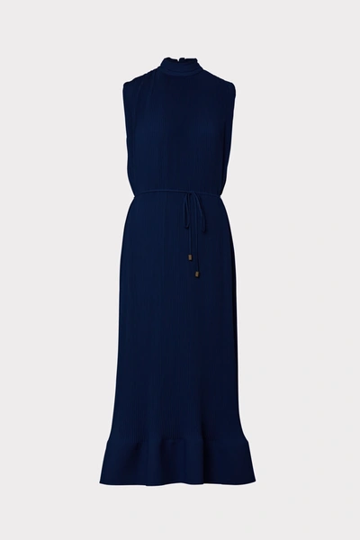 Shop Milly Melina Solid Pleated Dress In Navy