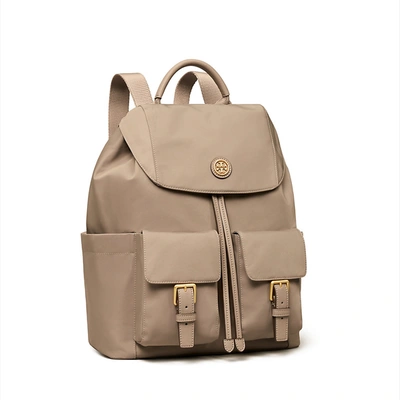 Shop Tory Burch Nylon Flap Backpack In Gray Heron / #59 Rolled Brass