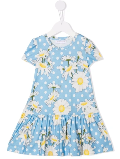 Shop Monnalisa Daisy Print Spotted Dress In Blau