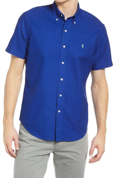 Shop Polo Ralph Lauren Short Sleeve Cotton Button-down Shirt In Heritage Royal