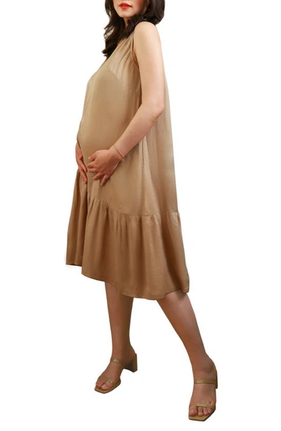 Shop Emilia George Violette Satin Maternity/nursing Dress In Light Beige