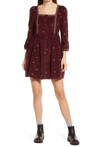 Madewell Embroidered Button Front Cotton Corduroy Minidress In Dark Fig