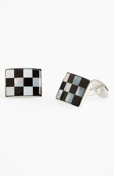 Shop David Donahue Checkerboard Cuff Links In Silver/ Onyx/ Mother Of Pearl
