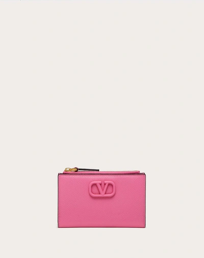 Shop Valentino Garavani Vlogo Signature Grainy Calfskin Cardholder Wth Zipper In Pink