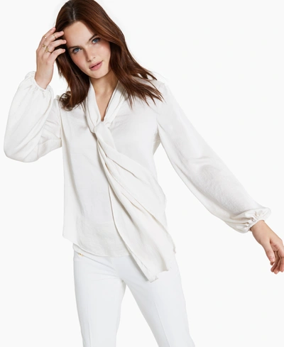 Shop Bar Iii Women's Tie Neck Cinched Sleeve Blouse, Created For Macy's In Bar White