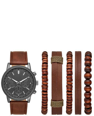 Shop Folio Men's Brown Gunmetal Leather Strap Watch Gift Set, 45mm